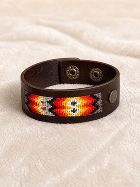 Leather bracelet cuff, hand sewn beading